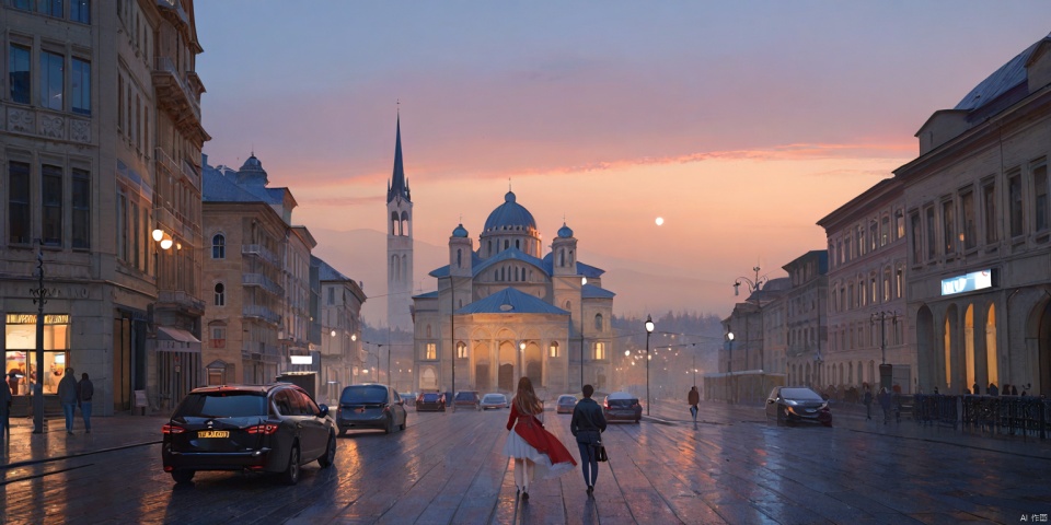 Europe, Serbia, churches,A girl,(((masterpiece, best quality))), ((good structure, Good composition, good atomy)), ((clear, original, beautiful)),1girl,long hair,fantasy,A girl stood,rawphoto, dusk, foggy, magnificent buildings, city streets, (\shen ming shao nv\)