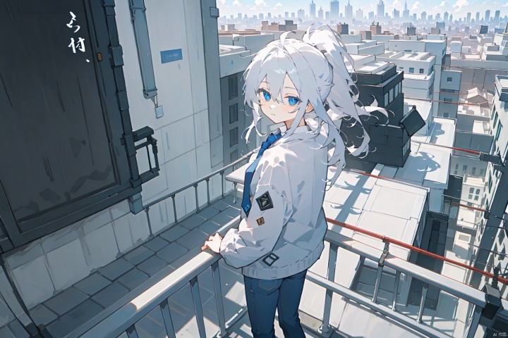1girl, solo, long hair, looking at viewer, bangs, blue eyes, shirt, hair ornament, long sleeves, closed mouth, standing, jacket, white shirt, ponytail, white hair, necktie, shoes, looking back, pants, from above, white jacket, building, jeans, city, railing, cityscape, rooftop