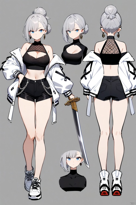1girl, breasts, looking at viewer, short hair, blue eyes, simple background, long sleeves, white background, holding, jewelry, closed mouth, standing, jacket, full body, weapon, grey hair, earrings, open clothes, shoes, shorts, midriff, sword, hood, off shoulder, hair bun, holding weapon, open jacket, crop top, clothing cutout, multiple views, turtleneck, holding sword, black shorts, piercing, cleavage cutout, single hair bun, white footwear, white jacket, katana, hood down, sneakers, ear piercing, fishnets, reference sheet