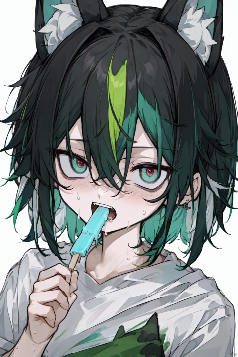 solo, looking at viewer, blush, short hair, open mouth, bangs, simple background, shirt, black hair, A girl, white background, holding, animal ears, hair between eyes, jewelry, green eyes, white shirt, upper body, male focus, multicolored hair, sweat, earrings, food, green hair, teeth, hand up, streaked hair, animal ear fluff,  eating, holding food, portrait, single earring, popsicle, multicolored eyes, blunt ends