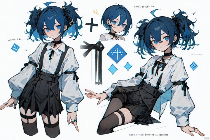 1girl, looking at viewer, short hair, bangs, blue eyes, skirt, simple background, shirt, black hair, thighhighs, long sleeves, white background, ribbon, hair between eyes, jewelry, closed mouth, blue hair, white shirt, earrings, small breasts, choker, puffy sleeves, collared shirt, black thighhighs, black skirt, black ribbon, thigh strap, multiple views, one side up, black choker, piercing, ring, suspenders, cross, ear piercing, cross earrings