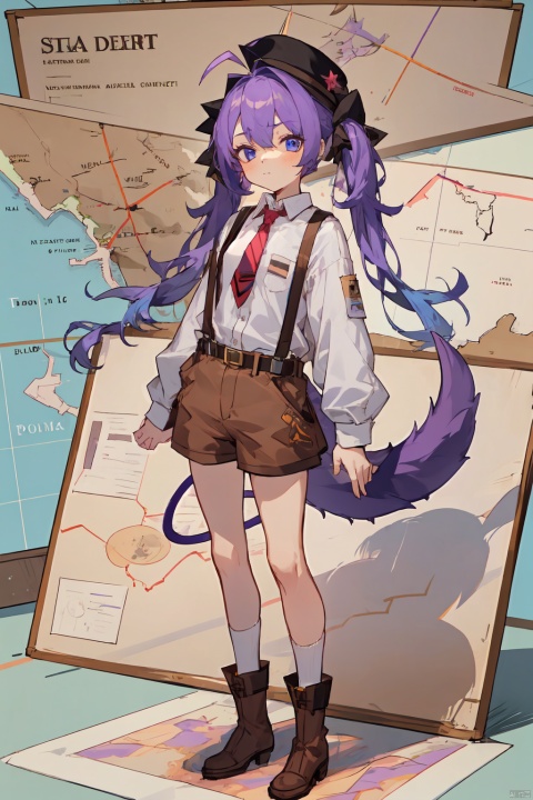 1girl, solo, long hair, blue eyes, shirt, long sleeves, hat, holding, twintails, closed mouth, blue hair, standing, tail, full body, white shirt, purple hair, ahoge, boots, necktie, shorts, socks, belt, brown footwear, suspenders, brown headwear, brown shorts, purple necktie, map