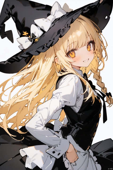  ningen mame, 1girl, ciloranko, god light,1girl, solo, long hair, breasts, looking at viewer, blush, smile, bangs, skirt, blonde hair, simple background, shirt, long sleeves, hat, bow, ribbon, yellow eyes, white shirt, upper body, braid, hair bow, frills, puffy sleeves, black skirt, grin, apron, vest, black dress, from side, single braid, black headwear, black bow, witch hat, white bow, juliet sleeves, black background, hat bow, waist apron, white apron, tress ribbon, black vest, frilled hat, kirisame marisa