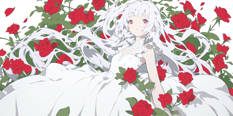 (Flat color: 1.2) Imitate Herm è s illustration style, with a white background, showcasing the fashion brand's style guidance. The exhibition showcases a fashionable girl's fantasy myth of spring; High definition, soft, and clear image quality; Clear and complete facial features, visually adding a white dress for girls and a red rose garden