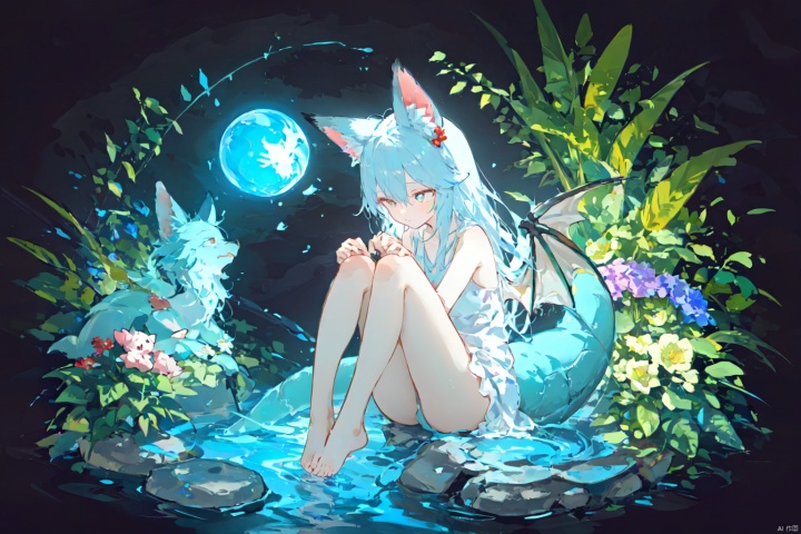  1girl, solo, dragon wings, dragon tail, tail, long hair, side up, one side up, black background, enchanted forest, nature, trees, dryad, fox ears, animal ear fluff, flowers, active pose, full body, flower hair, bright color hair, glowing hair, divine, goddess, barefoot, doll face, upturned eyes, long eyelashes, animals, birds, sitting, looking away, glowing water, middle of a lake, flower bed, wisps, night, petite, Thick coating, SHSJ, Light-electric style