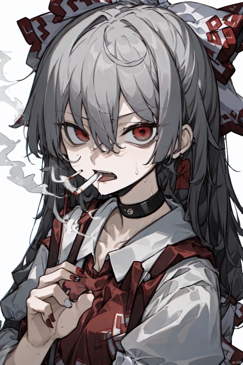 1girl, solo, long hair, looking at viewer, open mouth, bangs, simple background, shirt, red eyes, white background, bow, holding, hair between eyes, jewelry, white shirt, upper body, hair bow, grey hair, sweat, earrings, choker, nail polish, red bow, collar, black choker, suspenders, portrait, red nails, smoke, cigarette, smoking, holding cigarette, fujiwara no mokou