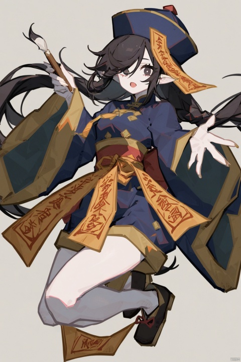 1girl, solo, long hair, looking at viewer, open mouth, simple background, black hair, long sleeves, hat, white background, holding, very long hair, full body, braid, shorts, pointy ears, wide sleeves, hair over one eye, black eyes, pale skin, blue headwear, paintbrush, scroll, jiangshi, calligraphy brush, talisman, holding paintbrush, holding brush