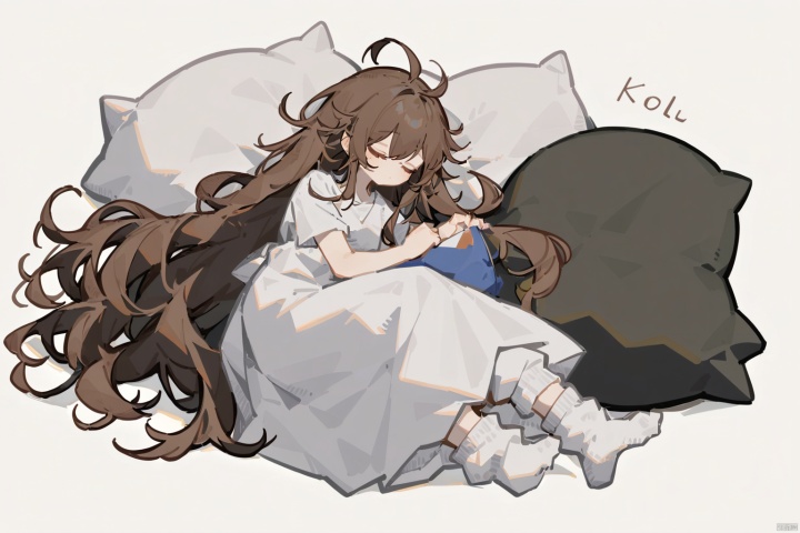  1girl, solo, long hair, simple background, brown hair, white background, dress, very long hair, full body, closed eyes, lying, socks, white dress, character name, pillow, on side, sleeping, messy hair,loose socks