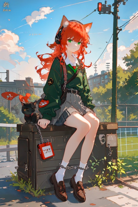 1girl, solo, long hair, looking at viewer, bangs, skirt, shirt, long sleeves, holding, animal ears, sitting, closed mouth, school uniform, green eyes, full body, weapon, red hair, pleated skirt, outdoors, shoes, socks, cat ears, black footwear, holding weapon, gun, thigh strap, fake animal ears, headphones, animal, brown footwear, cat, white socks, loafers, rifle, sign, fence, power lines, chain-link fence, utility pole, road sign, weibo username, weibo logo