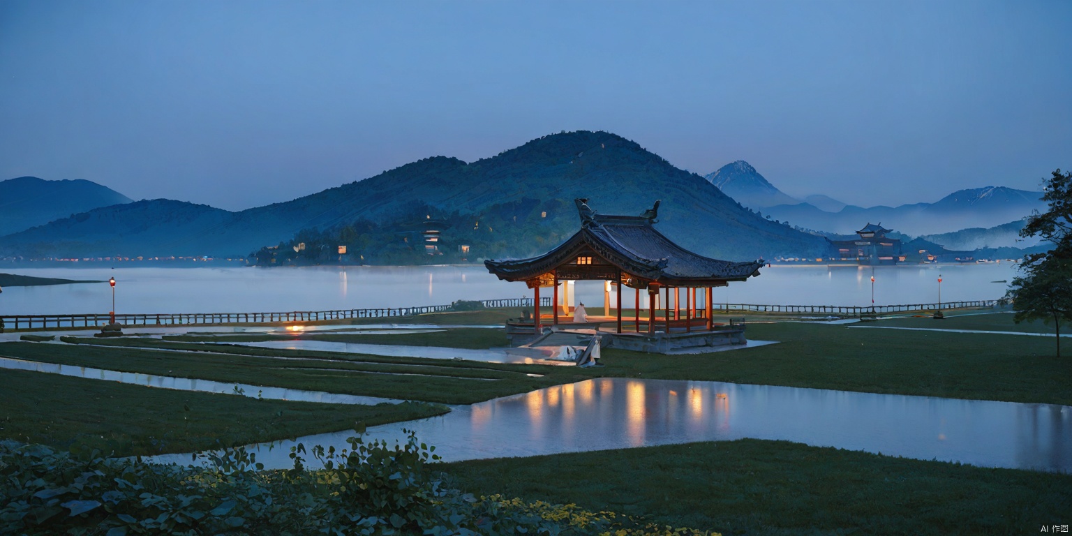 Hangzhou, West Lake, West Lake, spring natural scenery,(((masterpiece, best quality))), ((good structure, Good composition, good atomy)), ((clear, original, beautiful)),1girl,long hair,fantasy,A girl stood,rawphoto, dusk, foggy, magnificent buildings, city streets