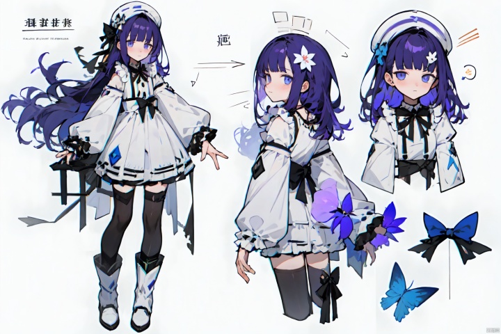 1girl, long hair, looking at viewer, bangs, blue eyes, simple background, hair ornament, thighhighs, long sleeves, dress, bow, ribbon, closed mouth, standing, full body, purple hair, flower, boots, frills, puffy sleeves, hair flower, blunt bangs, grey background, white dress, black bow, multiple views, white footwear, puffy long sleeves