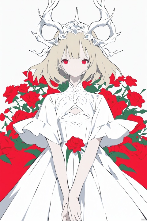 (Flat color: 1.2) Imitate Herm è s illustration style, with a white background, showcasing the fashion brand's style guidance. The exhibition showcases a fashionable girl's fantasy myth of spring; High definition, soft, and clear image quality; Clear and complete facial features, visually adding a white dress for girls and a red rose garden