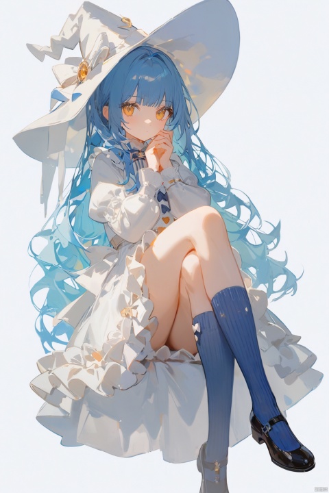  ciloranko, god light,Thick coating, 1girl, solo, long hair, looking at viewer, simple background,1girl, solo, long hair, looking at viewer, bangs, simple background, long sleeves, hat, white background, dress, bow, closed mouth, blue hair, full body, yellow eyes, frills, socks, puffy sleeves, white dress, witch hat, white headwear, frilled dress, crossed legs, white bow, blue socks