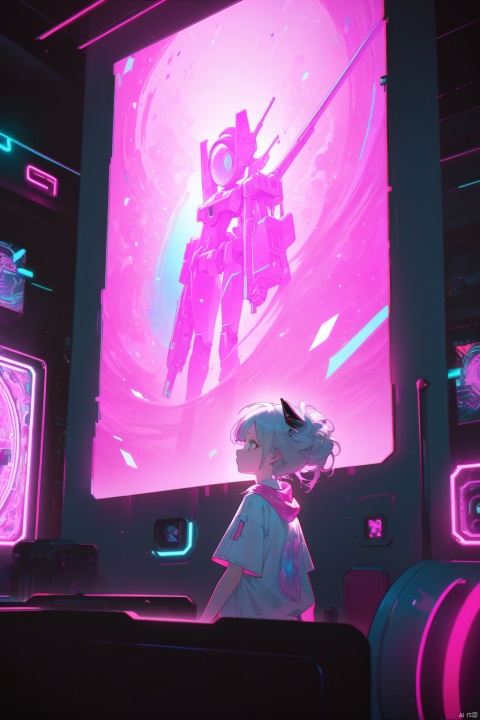  A young girl in a futuristic utopia painting a colorful mural of robots and space travel on a white wall with vibrant colors and sharp edges, by audrey kawasaki and james jean, neon lights in the background, cinematic lighting and angles, hyper detailed, digital art, trending in Artstation, and Unreal Engine., bailing_glitch_effect