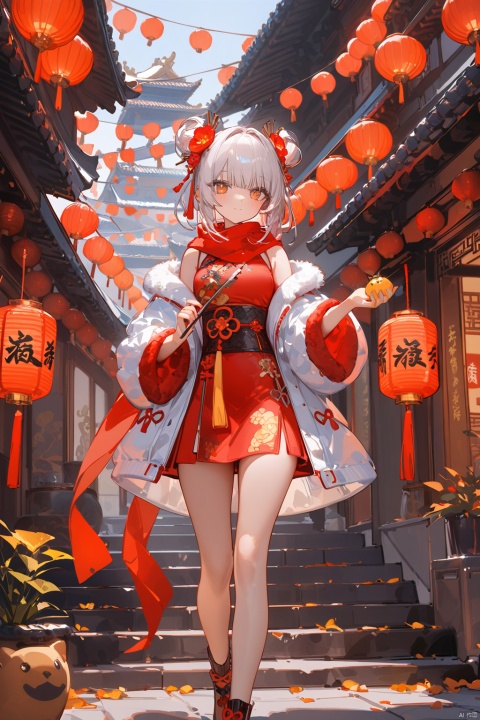 artist_ningen_mame,artist_ciloranko,artist_rhasta,best quality,(masterpiece),A cute girl with white hair, wearing red scarves and a cotton jacket stands on the stairs of an ancient street in China, surrounded by lanterns. The scene is depicted in the style of anime, featuring soft lighting and high resolution. It has influences from European and American cartoon styles and anime aesthetics, with oshare kei, charming characters, and elements of Chinese New Year. , The Forbidden City,Chinese traditional culture, red lanterns,