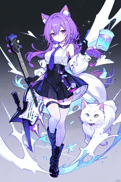 brightly colored, highly saturated,1girl, solo, long hair, breasts, looking at viewer, bangs, skirt, thighhighs, gloves, holding, hair between eyes, bare shoulders, full body, weapon, purple hair, boots, necktie, sleeveless, black skirt, black footwear, holding weapon, cat, instrument, guitar, holding instrument, white cat,Pink and purple, dark blue background, colorful,High saturation