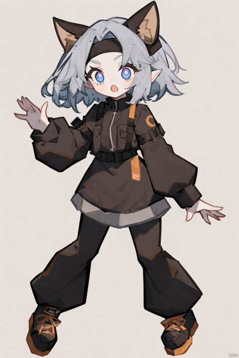 1girl, solo, open mouth, blue eyes, simple background, white background, dress, full body, robot,A cute anime style character design of an alien catgirl in a techwear outfit, with simple line art on a white background. She has pale skin and short hair that is dark grey at the top but light blue towards the bottom part. The girl wears black leggings underneath long sleeves made of transparent plastic material, while her upper body shirt appears to be covered by it. Her headband features large eyes with no pupils and is shaped like ears. There's also another small piece attached below one ear. In a fullbody view, the character design is in the style of an anime artist. 