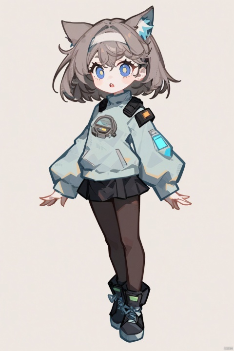1girl, solo, open mouth, blue eyes, simple background, white background, dress, full body, robot,Coverage, electronic screens, emoticons,A cute anime style character design of an alien catgirl in a techwear outfit, with simple line art on a white background. She has pale skin and short hair that is dark grey at the top but light blue towards the bottom part. The girl wears black leggings underneath long sleeves made of transparent plastic material, while her upper body shirt appears to be covered by it. Her headband features large eyes with no pupils and is shaped like ears. There's also another small piece attached below one ear. In a fullbody view, the character design is in the style of an anime artist. A cute anime style female character with cat ears, wearing black and white tech inspired  with blue accents on the shoulders, in a full body view. The design includes elements of cyberpunk aesthetics, featuring multiple poses against a white background. Her outfit is detailed with accessories like gloves or goggles, adding to her futuristic vibe. The sketch like quality emphasizes texture and shading for depth with visible pencil strokes. White background. T shirt designs. Vector illustration in the style of vector art. 