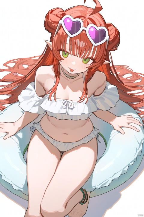  ningen mame, 1girl, 1girl, solo, long hair, looking at viewer, simple background, white background, navel, bare shoulders, jewelry, green eyes, swimsuit, full body, ahoge, heart, bikini, red hair, food, barefoot, tongue, pointy ears, tongue out, off shoulder, official alternate costume, fruit, white bikini, sunglasses, eyewear on head, innertube, anklet, apple, heart-shaped eyewear