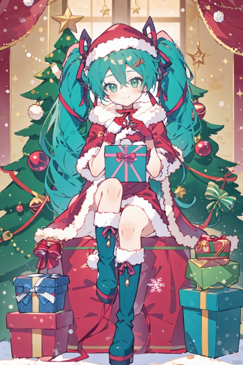  fur trim, gloves, green eyes, long hair, gift, green hair, christmas, christmas tree, smile, christmas ornaments, very long hair, ribbon, boots, solo focus, dress, red gloves, sitting, looking at viewer, hatsune miku, gift box, box, jacket, short sleeves, christmas lights, santa costume, hair ribbon, twintails, 1girl, red ribbon, fur-trimmed boots