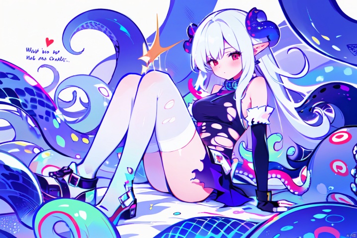  brightly colored, highly saturated,1girl, solo, long hair, breasts, blush, red eyes, thighhighs, gloves, bare shoulders, medium breasts, white hair, pointy ears, elbow gloves, fingerless gloves, english text, torn clothes, tentacles,colorful, blue-purple,