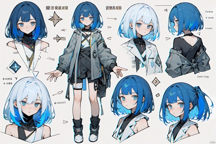 girl, multi-view,  hair,  Pure color background, different movements, Diagram, word,Multi-view,Colored hair, character designs, original characters,a complex design,Half body,The whole body