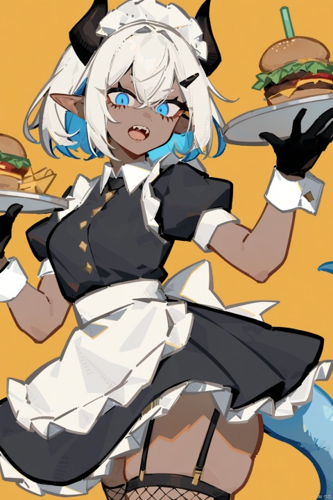  1girl, solo, looking at viewer, short hair, open mouth, blue eyes, simple background, hair ornament, thighhighs, gloves, dress, holding, blue hair, tail, white hair, short sleeves, multicolored hair, frills, food, horns, pointy ears, black gloves, hairclip, puffy sleeves, dark skin, apron, collar, two-tone hair, dark-skinned female, cup, puffy short sleeves, wrist cuffs, maid, maid headdress, colored skin, garter straps, monster girl, single thighhigh, fishnets, yellow background, tentacles, cropped legs, tray, oni horns, drinking straw, colored inner hair, holding tray, fishnet thighhighs, burger, french fries