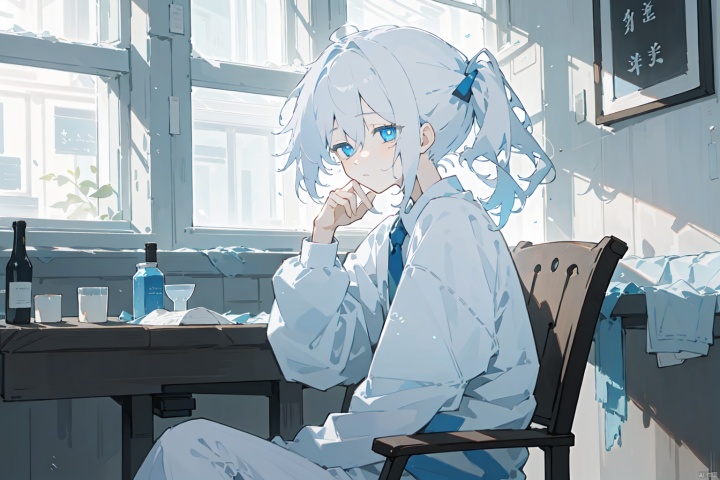  solo, long hair, 1girl, upper body, english text,White hair, medium short hair, side ponytail, straight bangs, hidden dye, blue eyes, white pupil, expressionless, shirt, tie, long pants long sleeves,(Bangs, side ponytails,straight bangs,)Sitting on a chair, tilting his head, Half open eyes, window-to-ceiling windows, contrast of light and shadow, cold atmosphere, sadness
