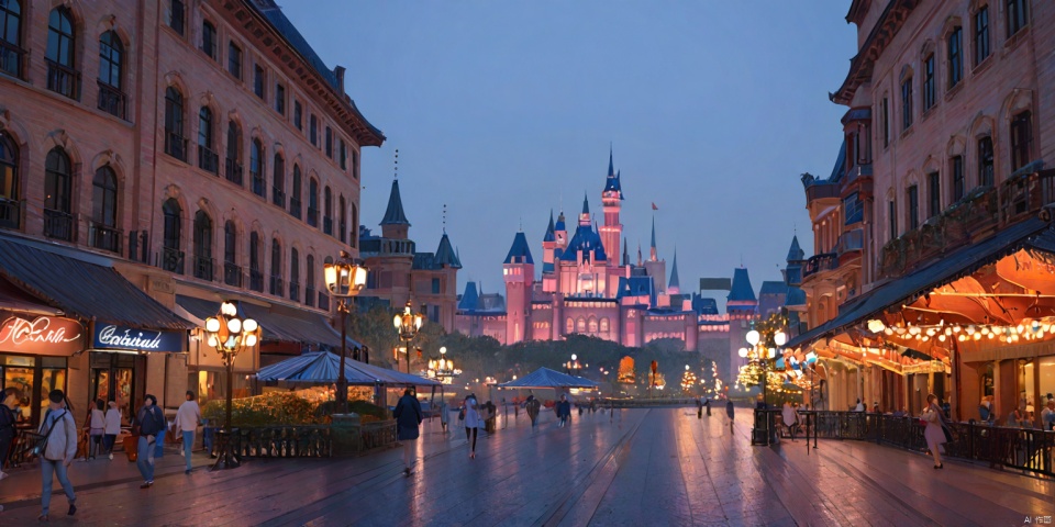 Shanghai, Disneyland,A girl,(((masterpiece, best quality))), ((good structure, Good composition, good atomy)), ((clear, original, beautiful)),1girl,long hair,fantasy,A girl stood,rawphoto, dusk, foggy, magnificent buildings, city streets, (\shen ming shao nv\), Disney style