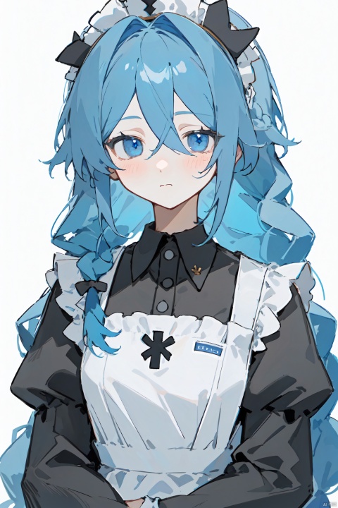 1girl, solo, long hair, looking at viewer, blush, bangs, blue eyes, simple background, long sleeves, white background, dress, hair between eyes, very long hair, closed mouth, blue hair, upper body, braid, frills, alternate costume, puffy sleeves, apron, black dress, maid, maid headdress, white apron, maid apron, crossed bangs, enmaided, roxy migurdia