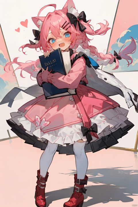1girl, solo, long hair, looking at viewer, blush, open mouth, bangs, blue eyes, hair ornament, thighhighs, long sleeves, white background, dress, bow, holding, animal ears, hair between eyes, standing, jacket, full body, pink hair, braid, ahoge, white hair, hair bow, heart, boots, frills, teeth, hairclip, book, shadow, one side up, blue bow, frilled dress, pink bow, red footwear, pink dress, two-tone background, holding book, object hug