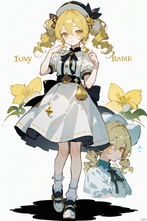 1girl, looking at viewer, smile, blonde hair, simple background, hair ornament, hat, white background, dress, ribbon, holding, hair between eyes, twintails, closed mouth, standing, full body, hair ribbon, yellow eyes, flower, short sleeves, shoes, socks, puffy sleeves, shiny, belt, hand up, twitter username, white dress, character name, shiny hair, puffy short sleeves, hands up, eyelashes, multiple views, white headwear, drill hair, border, white footwear, twin drills, white border, legs apart, outside border, dot nose, yellow theme, soul gem, golf club, tomoe mami