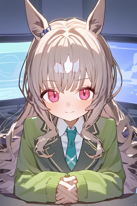 ningen mame, 1girl, 1girl, solo, long hair, looking at viewer, blush, smile, bangs, shirt, hair ornament, long sleeves, animal ears, closed mouth, jacket, upper body, grey hair, necktie, collared shirt, pink eyes, sleeves past wrists, wavy hair, horse ears, own hands together, zipper, green jacket, monitor