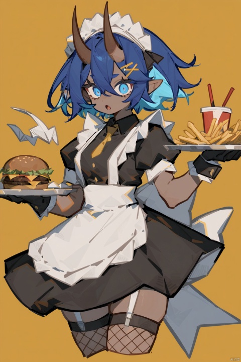  Whole body,1girl, solo, looking at viewer, short hair, open mouth, blue eyes, simple background, hair ornament, thighhighs, gloves, dress, holding, blue hair, tail, white hair, short sleeves, multicolored hair, frills, food, horns, pointy ears, black gloves, hairclip, puffy sleeves, dark skin, apron, collar, two-tone hair, dark-skinned female, cup, puffy short sleeves, wrist cuffs, maid, maid headdress, colored skin, garter straps, monster girl, single thighhigh, fishnets, yellow background, tentacles, cropped legs, tray, oni horns, drinking straw, colored inner hair, holding tray, fishnet thighhighs, burger, french fries, minimalism