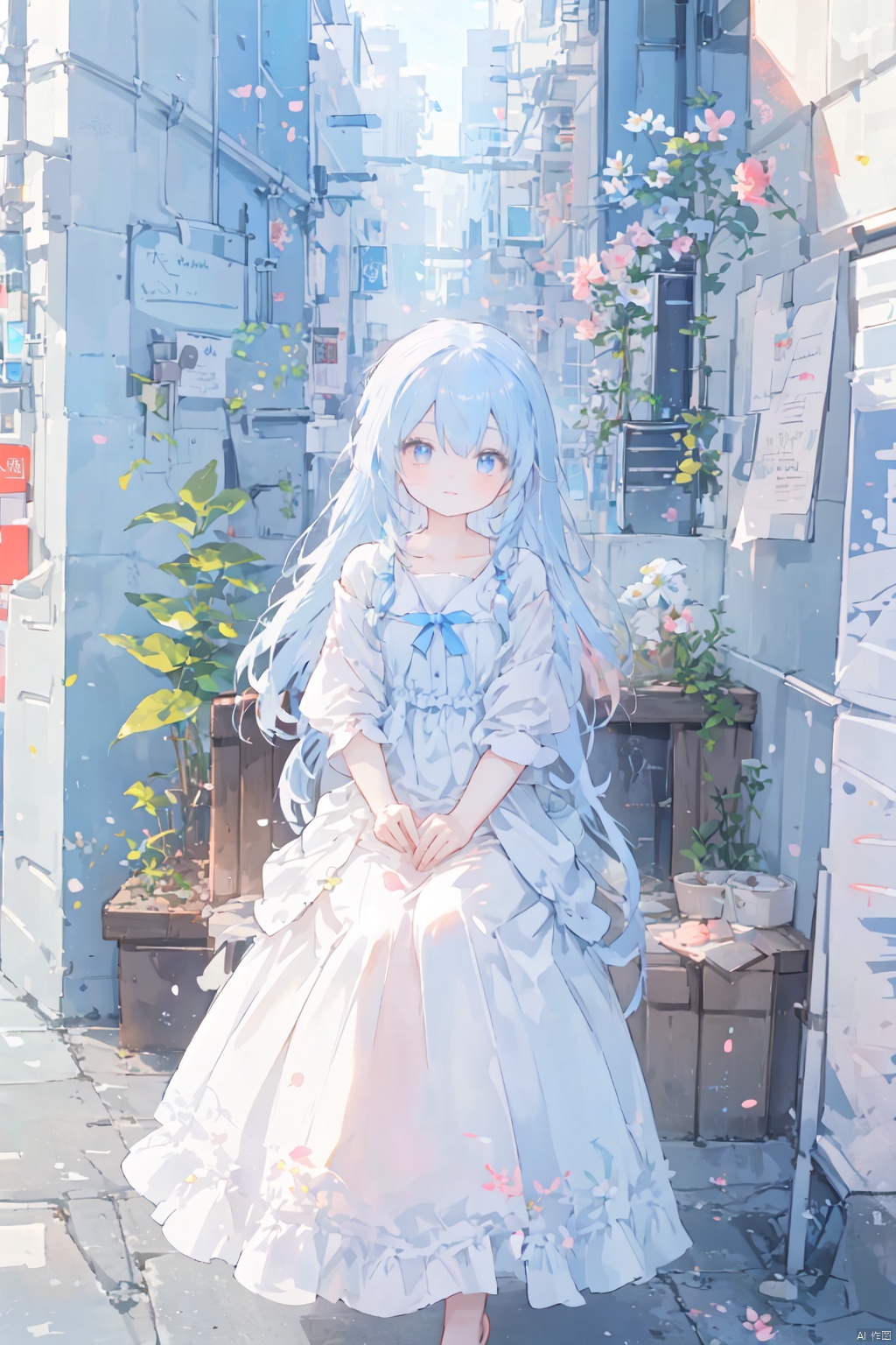  best quality, masterpiece, illustration, (reflection light), incredibly absurdres, (Movie Poster), (signature:1.3), (English text:1.3), 1girl, girl middle of flower, pure skyblue hair, red eyes, clear sky, outside, collarbone, loli, sitting, absurdly long hair, clear boundaries of the cloth, white dress, fantastic scenery, ground of flowers, thousand of flowers, colorful flowers, flowers around her, various flowers,