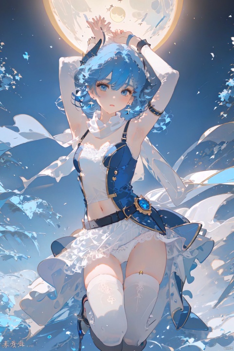1girl, solo, breasts, looking at viewer, short hair, bangs, blue eyes, thighhighs, dress, navel, jewelry, underwear, blue hair, panties, full body, earrings, small breasts, armpits, scarf, white dress, white panties, arms up, official alternate costume, thigh strap, moon, weibo username, weibo logo