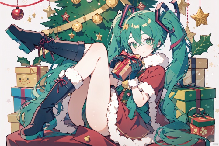  fur trim, gloves, green eyes, long hair, gift, green hair, christmas, christmas tree, smile, christmas ornaments, very long hair, ribbon, boots, solo focus, dress, red gloves, sitting, looking at viewer, hatsune miku, gift box, box, jacket, short sleeves, christmas lights, santa costume, hair ribbon, twintails, 1girl, red ribbon, fur-trimmed boots