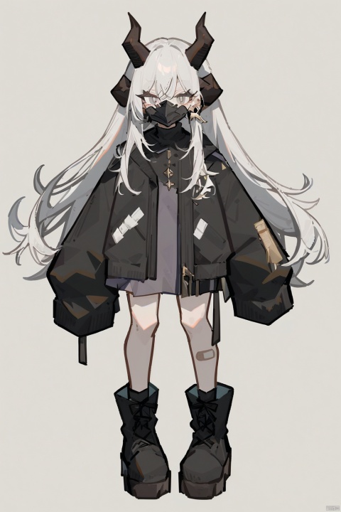 1girl, solo, long hair, looking at viewer, bangs, simple background, long sleeves, white background, dress, animal ears, jewelry, closed mouth, standing, jacket, full body, white hair, earrings, boots, horns, black footwear, sleeves past wrists, grey eyes, mask, bandaid, sleeves past fingers