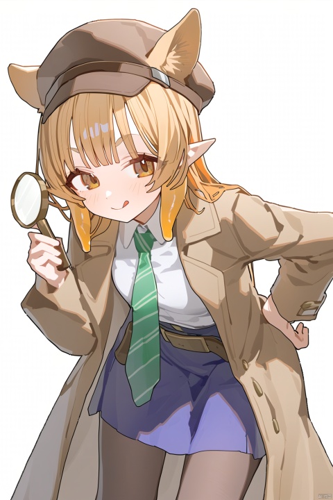  ningen mame, 1girl, 1girl, solo, skirt, blonde hair, simple background, shirt, long sleeves, hat, white background, holding, animal ears, brown eyes, jacket, white shirt, pantyhose, cowboy shot, open clothes, necktie, tongue, pointy ears, striped, collared shirt, belt, tongue out, black skirt, twitter username, orange hair, coat, hand on hip, leaning forward, dog ears, :q, tentacle hair, short eyebrows, brown headwear, striped necktie, brown coat, green necktie, magnifying glass, detective