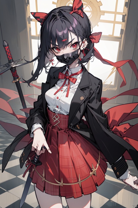 1girl, solo, looking at viewer, blush, bangs, skirt, shirt, black hair, red eyes, long sleeves, dress, bow, ribbon, holding, jewelry, standing, jacket, hair ribbon, weapon, hair bow, cowboy shot, open clothes, sword, indoors, holding weapon, red bow, open jacket, red ribbon, black jacket, v-shaped eyebrows, plaid, mask, red skirt, plaid skirt, holding sword, piercing, red dress, ear piercing, mouth mask, tiles, tile floor, checkered floor, Light-electric style, 30710