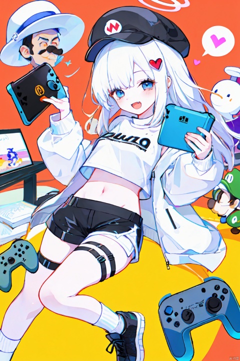 brightly colored, highly saturated,1girl, long hair, breasts, looking at viewer, smile, open mouth, shirt, hair ornament, long sleeves, hat, navel, holding, animal ears, jacket, white shirt, white hair, heart, multiple boys, shoes, shorts, socks, fang, midriff, 2boys, black footwear, crop top, thigh strap, facial hair, halo, black shorts, black socks, red headwear, spoken heart, mustache, controller, mushroom, handheld game console, game controller, nintendo switch, game console, mario, luigi
