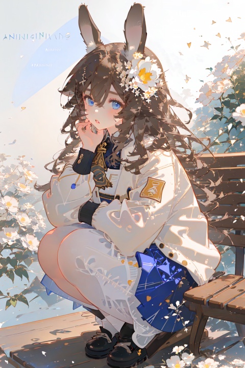 1girl, solo, long hair, looking at viewer, bangs, blue eyes, skirt, simple background, brown hair, hair ornament, long sleeves, white background, animal ears, hair between eyes, jacket, flower, parted lips, hair flower, rabbit ears, feet out of frame, squatting, white flower, bench, amiya \(arknights\)