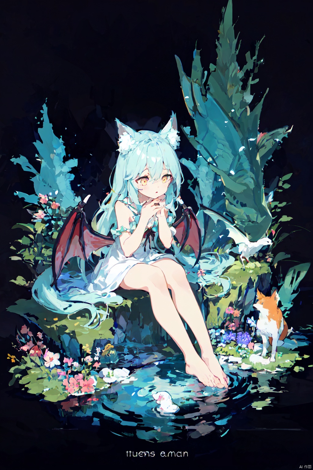  1girl, solo, dragon wings, dragon tail, tail, long hair, side up, one side up, black background, enchanted forest, nature, trees, dryad, fox ears, animal ear fluff, flowers, active pose, full body, flower hair, bright color hair, glowing hair, divine, goddess, barefoot, doll face, upturned eyes, long eyelashes, animals, birds, sitting, looking away, glowing water, middle of a lake, flower bed, wisps, night, petite