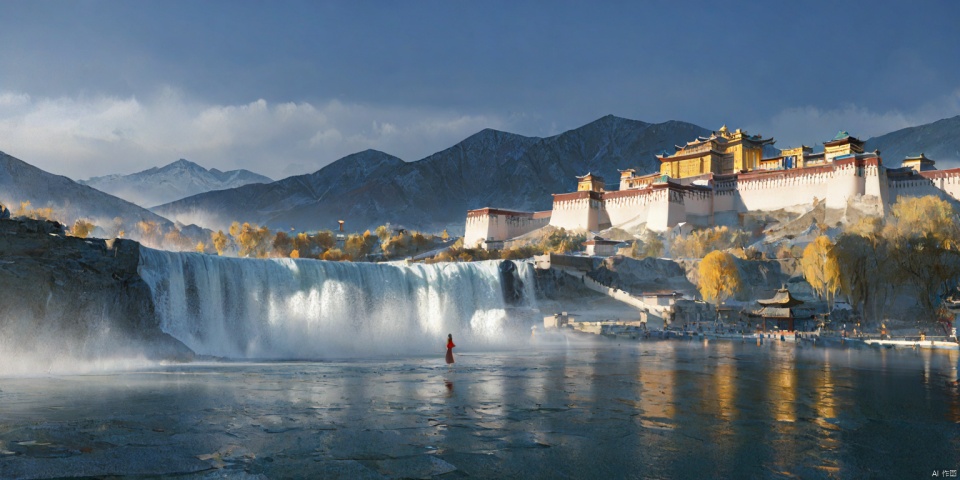 Lushan Falls, Waterfalls,(((masterpiece, best quality))), ((good structure, Good composition, good atomy)), ((clear, original, beautiful)),Lhasa, Potala Palace,1girl,long hair,fantasy,A girl stood,rawphoto, dusk, foggy