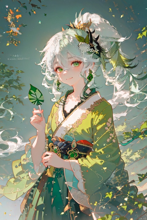  nai3 style,1girl,新春2024, green eyes, nahida \(genshin impact\), solo, jewelry, pointy ears, earrings, cross, holding, white hair, hair ornament, closed mouth, looking at viewer, bangs, smile, long hair, long sleeves, chinese text, cross earrings, green hair, wide sleeves, side ponytail, green background, uchiwa, chinese clothes, multicolored hair, green theme, hair between eyes, upper body, alternate costume, leaf hair ornament, hanfu, sidelocks, hand up, sideways glance, collarbone, ponytail, gradient hair, leaf, Thick coating