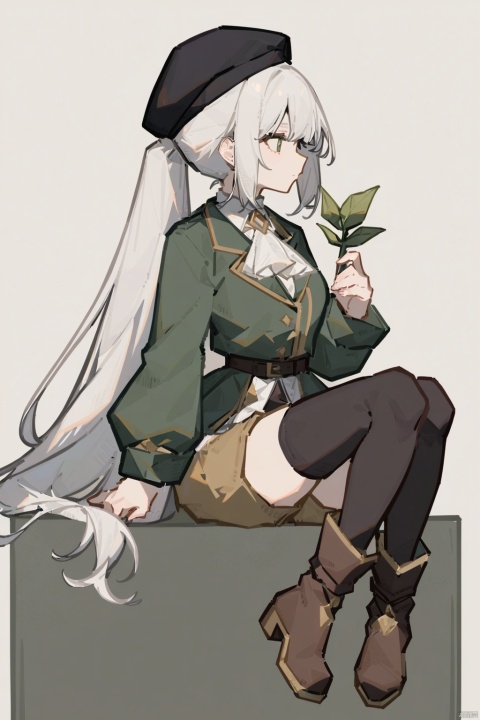  1girl, solo, long hair, bangs, simple background, shirt, thighhighs, long sleeves, hat, white background, holding, sitting, very long hair, closed mouth, jacket, full body, white shirt, flower, white hair, boots, shorts, black thighhighs, ascot, black headwear, profile, leaf, beret, brown footwear, low ponytail, green jacket, holding flower, invisible chair, white ascot holding leaf