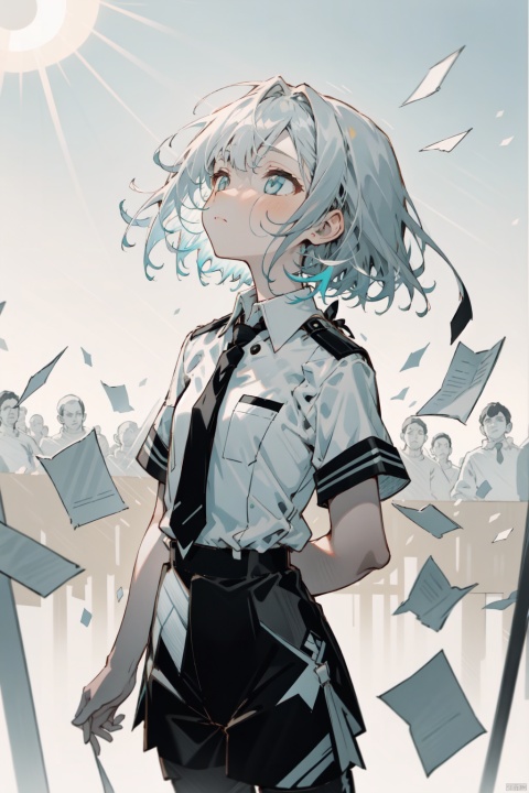  A girl, looking up, silent, expressionless, paper scattered in the air, black and white uniforms,Black pants, busts,Cool colors, grayish blue, a strong sunlight, warm colors in the sun,shirts, ties,short hair, half-tied hair, shoulder-length hair,shorts,,Flat chest, Light-electric style