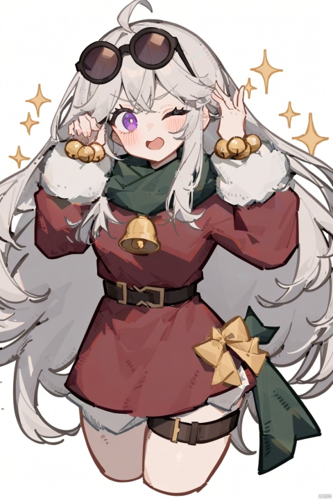 1girl, solo, long hair, looking at viewer, blush, open mouth, bangs, simple background, long sleeves, white background, very long hair, purple eyes, ahoge, white hair, grey hair,one eye closed, scarf, fur trim, sparkle, bell, thigh strap, sunglasses, red shirt, eyewear on head, cropped legs, wreath