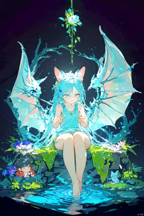  1girl, solo, dragon wings, dragon tail, tail, long hair, side up, one side up, black background, enchanted forest, nature, trees, dryad, fox ears, animal ear fluff, flowers, active pose, full body, flower hair, bright color hair, glowing hair, divine, goddess, barefoot, doll face, upturned eyes, long eyelashes, animals, birds, sitting, looking away, glowing water, middle of a lake, flower bed, wisps, night, petite, Thick coating, SHSJ, Light-electric style