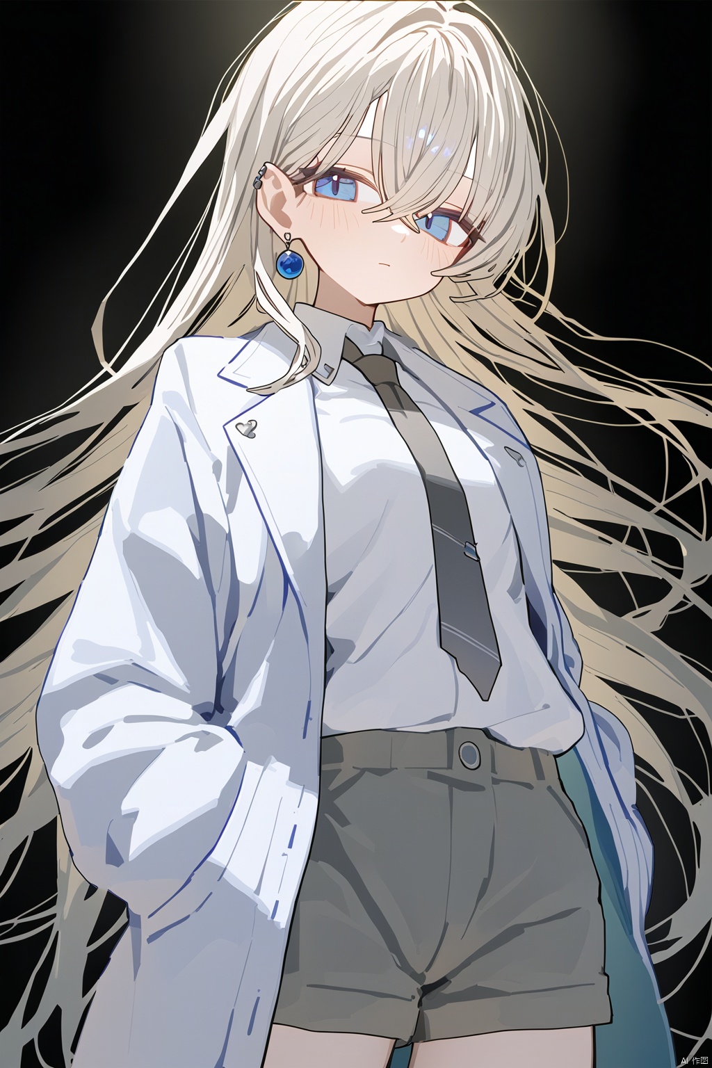  ningen mame, 1girl, 1girl, solo, long hair, looking at viewer, bangs, blue eyes, simple background, shirt, long sleeves, white background, hair between eyes, jewelry, closed mouth, jacket, white shirt, white hair, cowboy shot, earrings, open clothes, necktie, shorts, collared shirt, piercing, white jacket, messy hair, ear piercing, black necktie, hands in pockets